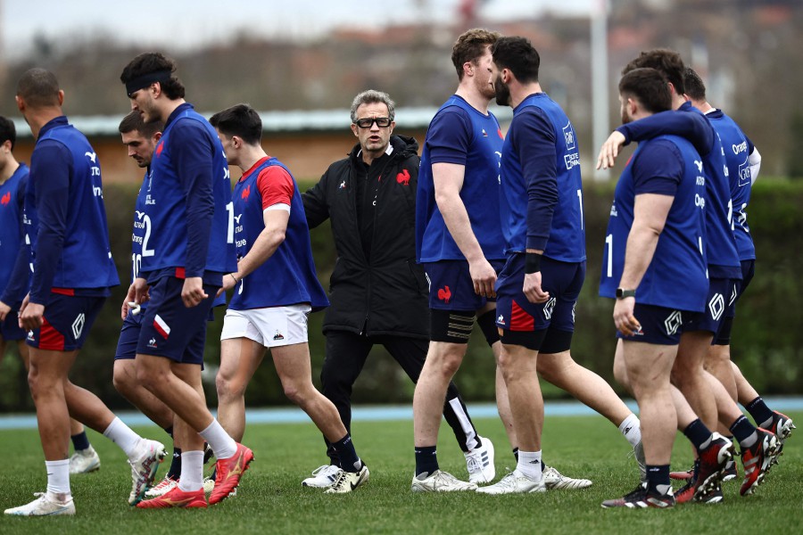 France's head coach Fabien Galthie (C) looks on as France's team players take part in a training session of France's rugby union national team ahead of their upcoming Six Nations match against England, in Marcoussis, south of Paris on March 13, 2024. AFP PIC