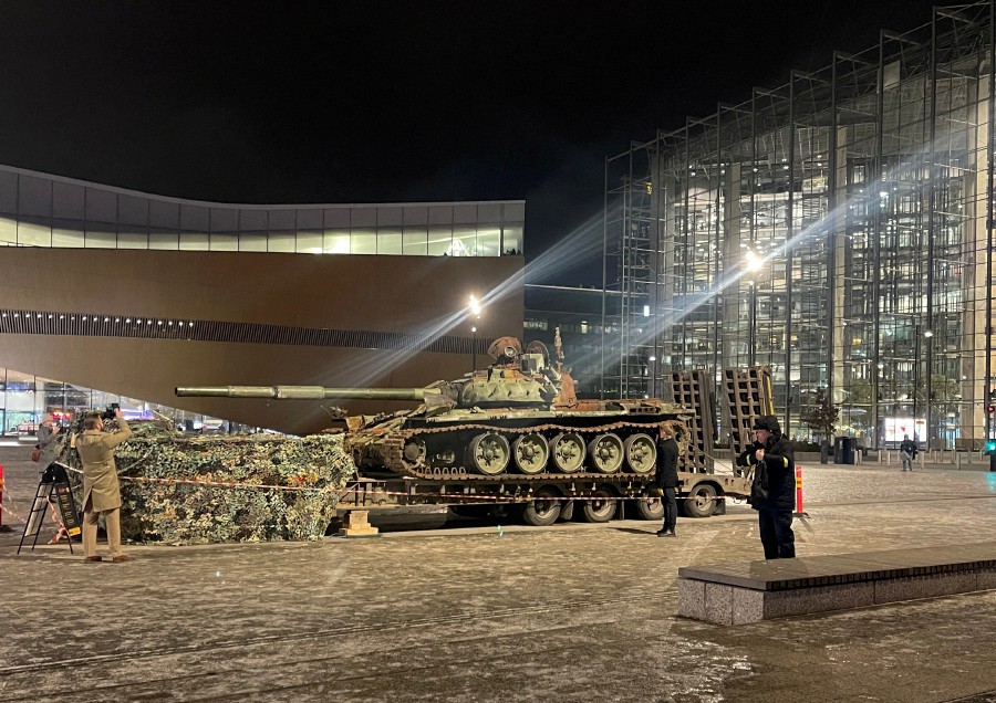 A destroyed Russian tank from Ukraine is put on display near the Finnish parliament building in Helsinki, Finland, November 22, 2023. REUTERS/Attila Cser