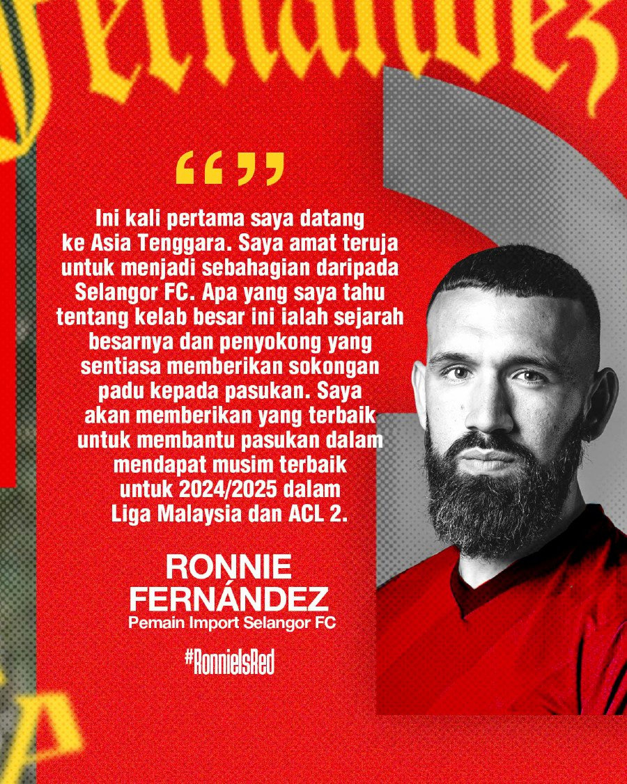 Selangor have recruited Chilean Ronnie Fernandez to replace their top striker, Ayron Del Valle of Colombia, for the 2024-2025 M-League season. - Pic courtesy from Selangor FC Facebook