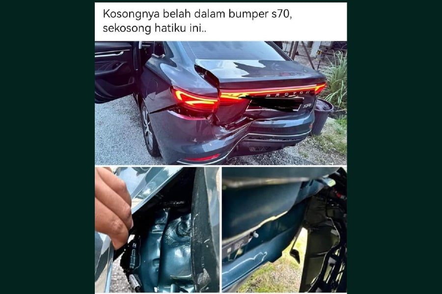 A posting of a new Proton S70 which had been involved in a road crash seems to have sparked a massive discussion among Facebook users. - Pic source from Facebook