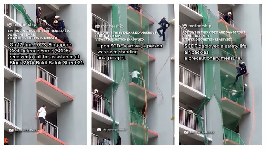 The dramatic rescue operation unfolded at Block 210A Bukit Batok Street 21 in the republic last Saturday, capturing the attention of online audiences across the globe. - Screengrab via TikTok/mothershipsg