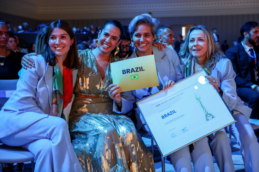 Brazilian representative Duda Pavao celebrates with other delegates after Brazil won the bid to host the Women's World Cup at the 74th FIFA Congress at the Queen Sirikit National Convention Center, in Bangkok, Thailand, May 17, 2024. - REUTERS pic