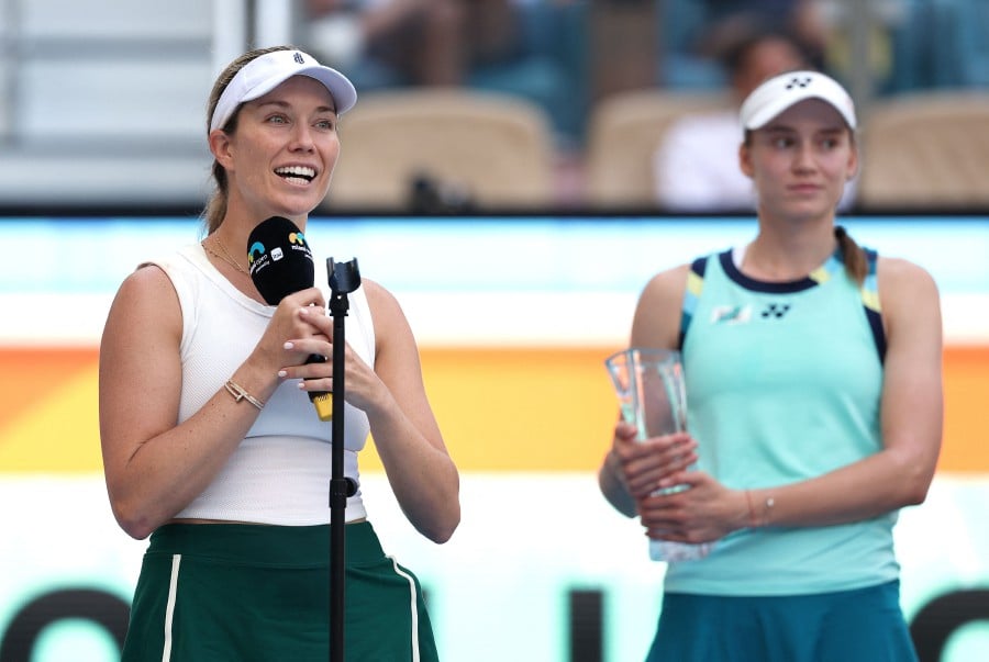 Danielle Collins of the United States addresses the fans after defeating Elena Rybakina of Kazakhstan in the Women's Final at Hard Rock Stadium on March 30, 2024 in Miami Gardens, Florida. Collins defeated Rybakina 7-5, 6-3. AFP PIC