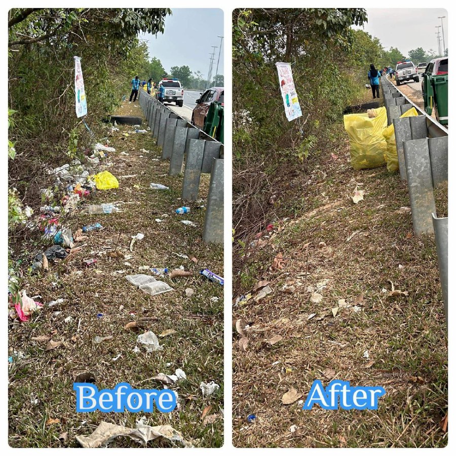 SWCorp and Alam Flora workers cleaned up and cleared the rubbish along the Central Spine Road in Lipis. — PICTURES COURTESY OF SWCORP PAHANG