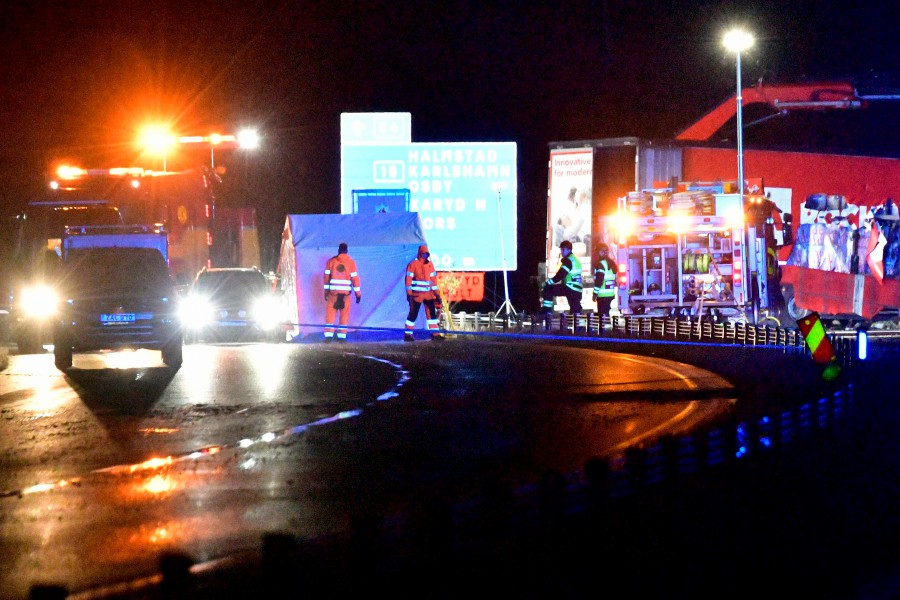 The scene after an accident between a car and a lorry outside the town Markaryd in Sweden, 03 October 2021. Swedish artist Lars Vilks and two police officers have died in a crash. Lars Vilks has had a permanent police protection and body guards after several attempts have been made to attack him. He has been under constant threat after portraying the prophet Muhammad as a dog.  - EPA pic