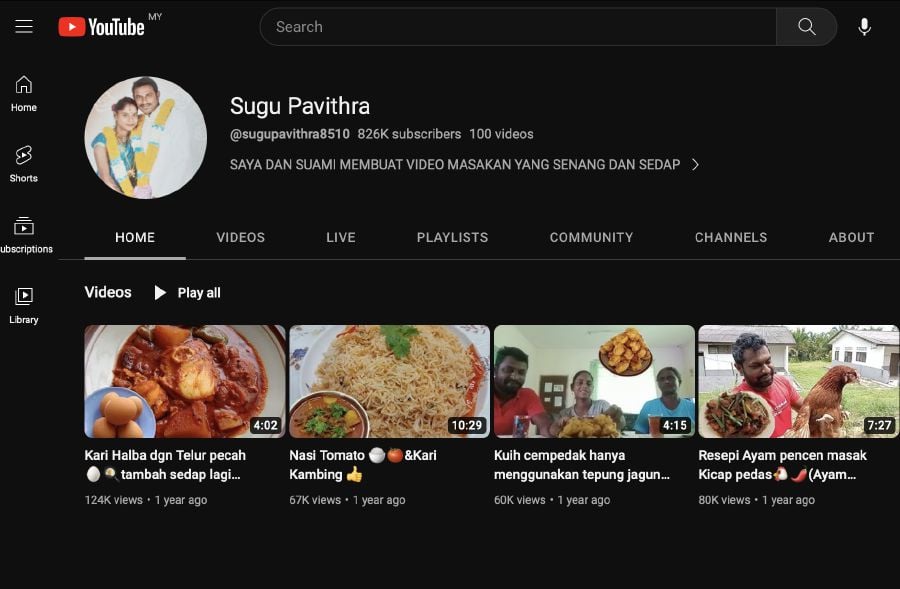 Pavithra, 32, and her husband, M. Sugu, 33, won the hearts of many Malaysians since May 2020 for their honesty and modesty in showcasing their cooking abilities on their YouTube channel, ‘Sugu Pavithra. - Pic credit Youtube @SuguPavithra