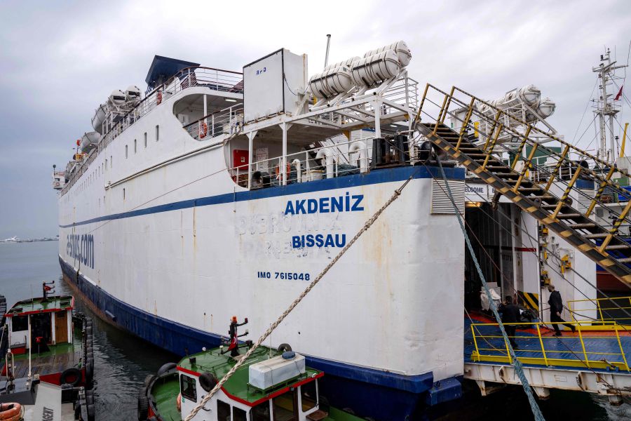 The Akdeniz RoRo, part of the Freedom Flotilla Coalition, waits to depart from the Tuzla seaport, near Istanbul on April 19, 2024. A new "freedom flotilla" is ready to set sail for Gaza from the Turkish in order to force the blockade and bring aid to the population of the Palestinian enclave, as soon as it receives the green light from the Turkish authorities. - A "Freedom Flotilla" aimed at delivering aid to Gaza was blocked in Turkey Saturday after being denied use of two of its ships, which organisers blame on Israeli pressure. - AFP pic