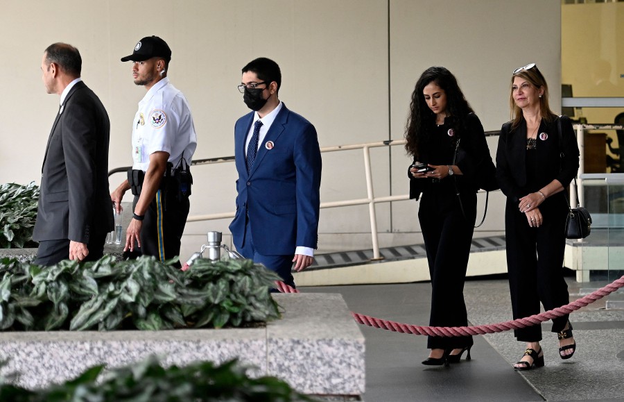 The family of Palestinian-American journalist Shireen Abu Akleh, including her brother Tony Abu Akleh (left), her niece Lina Abu Akleh (2nd-right), and her nephew Victor Abu Akleh (3rd-left), leave the State Department in Washington, DC, on July 26, 2022, after meeting with US Secretary of State Antony Blinken. - AFP PIC