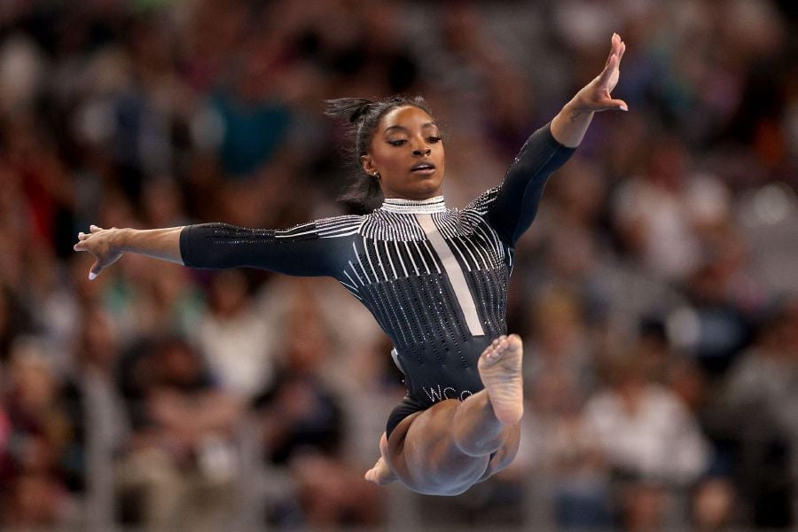 Simone Biles competes in the floor exercise during the 2024 Xfinity U.S. Gymnastics Championships at Dickies Arena on May 31, 2024 in Fort Worth, Texas. - Elsa/Getty Images/AFP 