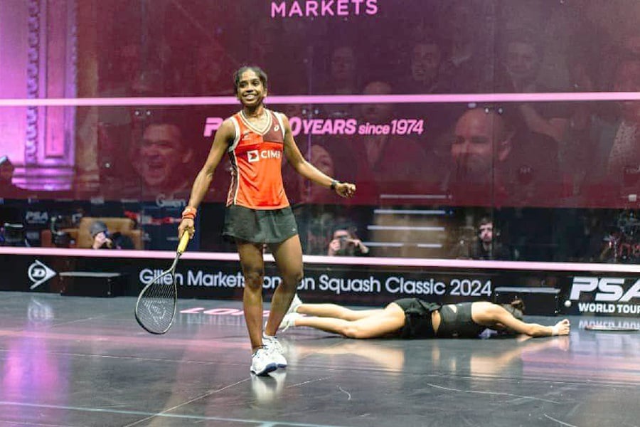 S. Sivasangari reacts after clinching the London Classic today. - Pic from PSA TOUR