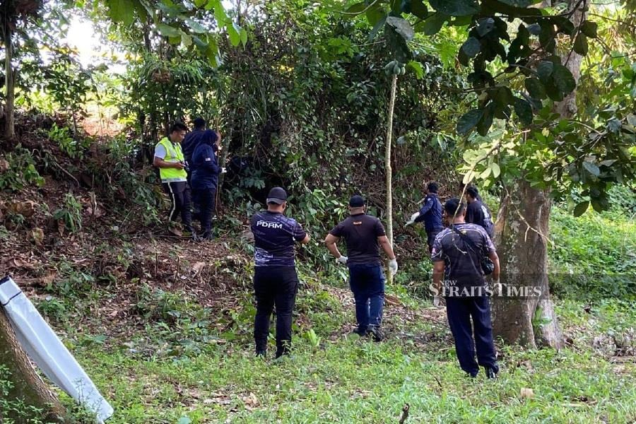 A durian orchard keeper has discovered a human skeleton at the base of a cliff within the orchard. - NSTP/ ALIAS RANI