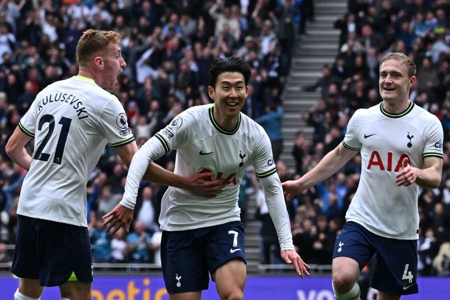 Tottenham Hotspur's South Korean striker Son Heung-Min (C) celebrates with teammates after scoring the opening goal of the English Premier League football match between Tottenham Hotspur and Brighton and Hove Albion at Tottenham Hotspur Stadium in London - Son Heung Min has become the first Asian player to score 100 Premier League goals, the latest milestone in a career full of many. - AFP pic