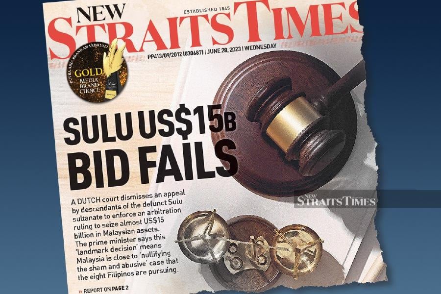  The ‘New Straits Times’ front-page report on June 28 on the failed bid by purported descendants of the defunct Sulu sultanate to enforce an arbitration ruling. 