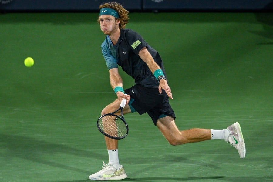 Russia's Andrey Rublev hits a return against Alexander Bublik of Kazakhstan during their semi-final match at the ATP Dubai Duty Free Tennis Championship in Dubai on March 1, 2024. - AFP pic
