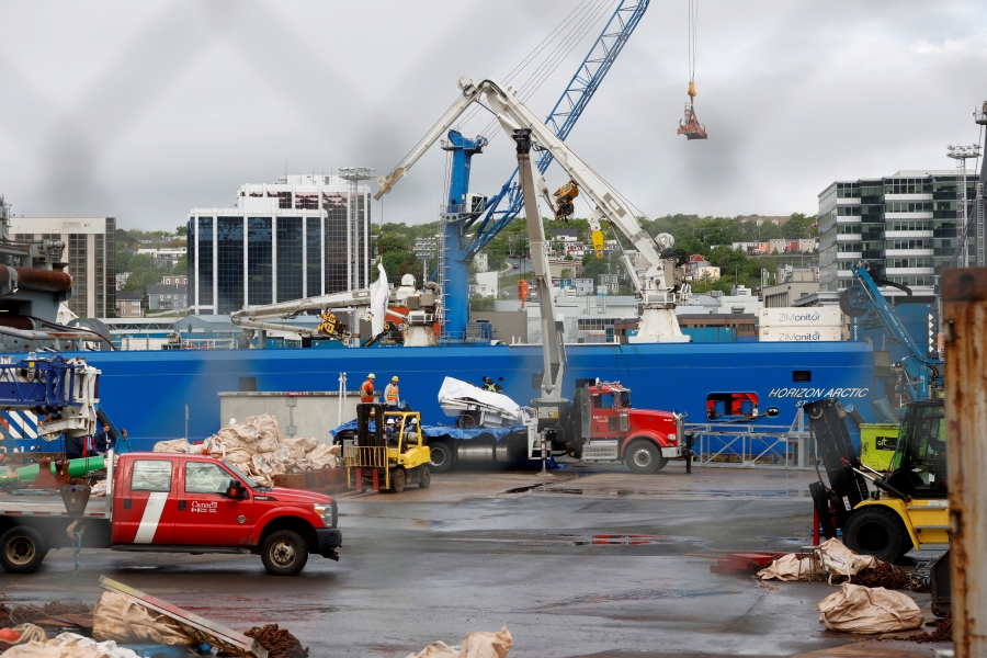 A view of the Horizon Arctic ship, as salvaged pieces of the Titan submersible from OceanGate Expeditions are returned, in St. John's harbour, Newfoundland, Canada. (REUTERS/David Hiscock)