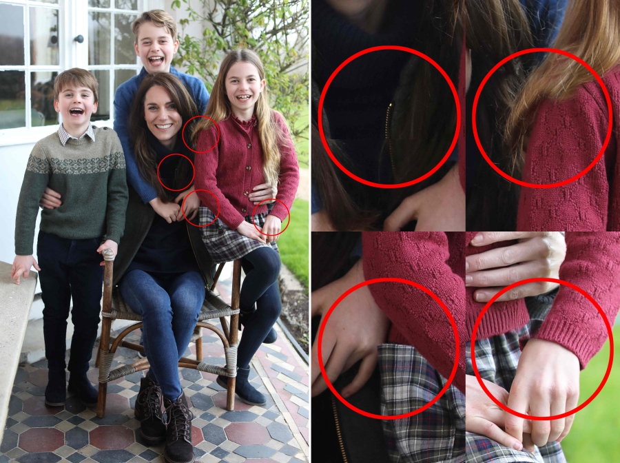A combination of pictures shows Britain's Catherine, Princess of Wales with her children, alongside a version highlighting several inconsistencies in alignments after it came to light that the handout had been manipulated. (Photo by Prince of Wales / KENSINGTON PALACE / AFP) 