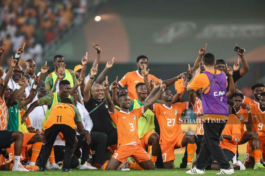 Ivory Coast players celebrating after winning their AFCON semi-finals against Democratic Republic of Congo at Alassane Ouattara Olympic Stadium in Ebimpe, Abidjan on Feb 7. AFP PIC 