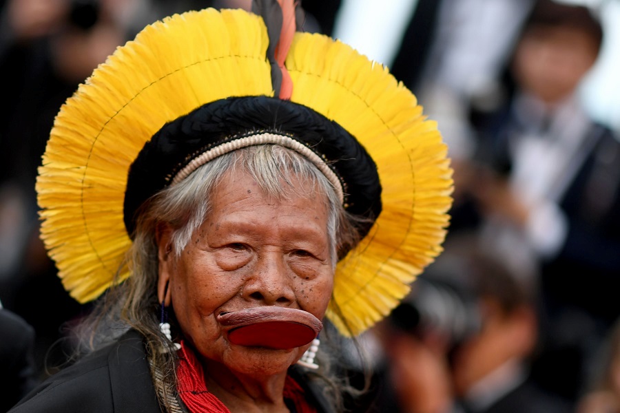 Chief Raoni Metuktire arrives for the screening of the film "Sibyl" at the 72nd edition of the Cannes Film Festival in Cannes, southern France recently. -- AFP