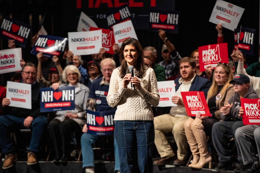 Republican presidential hopeful and former UN Ambassador Nikki Haley speaks at a campaign event in Exeter, New Hampshire. (Photo by Joseph Prezioso / AFP)