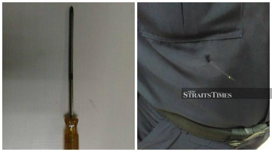 A policeman was stabbed on his abdomen and left arm with a screwdriver by a man at the Malaysia-Kuwait Light Industry Park in Permatang Tinggi Bukit Tengah here last night. NSTP/Courtesy of PDRM