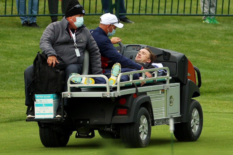 Tom Felton is carted off the course after collapsing during the celebrity matches ahead of the 43rd Ryder Cup at Whistling Straits in Kohler, Wisconsin. - AFP PIC