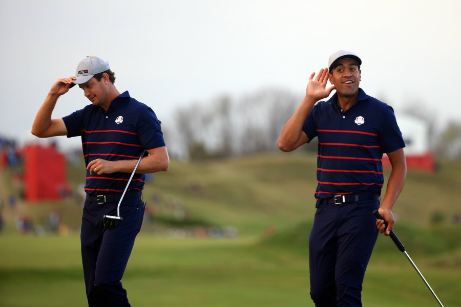 Harris English (L) and Tony Finau of team United States celebrate on the 15th green during Friday Afternoon Fourball Matches of the 43rd Ryder Cup at Whistling Straits on September 24, 2021 in Kohler, Wisconsin. - AFP PIC