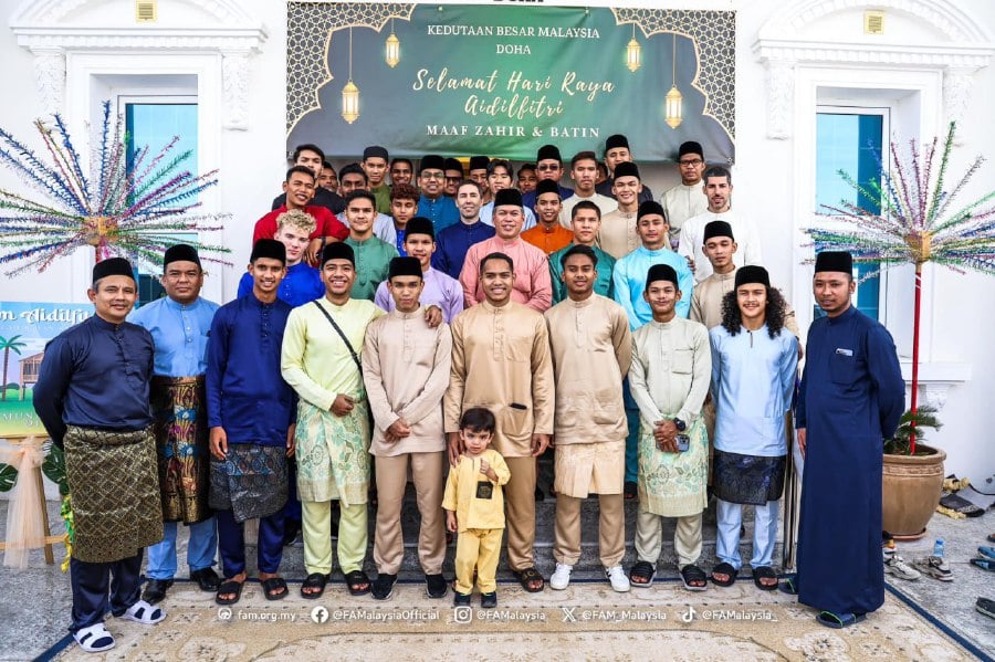 The Malaysian Under-23 team, who have been training in Qatar for the last 11 days, celebrated Hari Raya Aidilfitri in Doha yesterday. - Pic courtesy from FAM