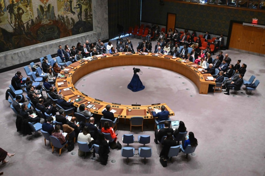 The United Nations Security Council meets on the situation in the Middle East, including the Palestinian question, at the UN headquarters in New York on March 25, 2024. After more than five months of war, the UN Security Council for the first time passed a resolution calling for an immediate ceasefire in Gaza. The United States, Israel's ally which vetoed previous drafts, abstained. AFP PIC