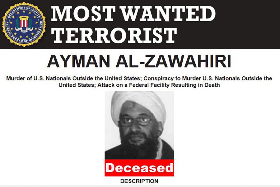 This handout image provided by the FBI on Aug 1 shows the poster of Al-Qaeda chief Ayman al-Zawahiri after he was killed in a US counterterrorism operation. - AFP pic