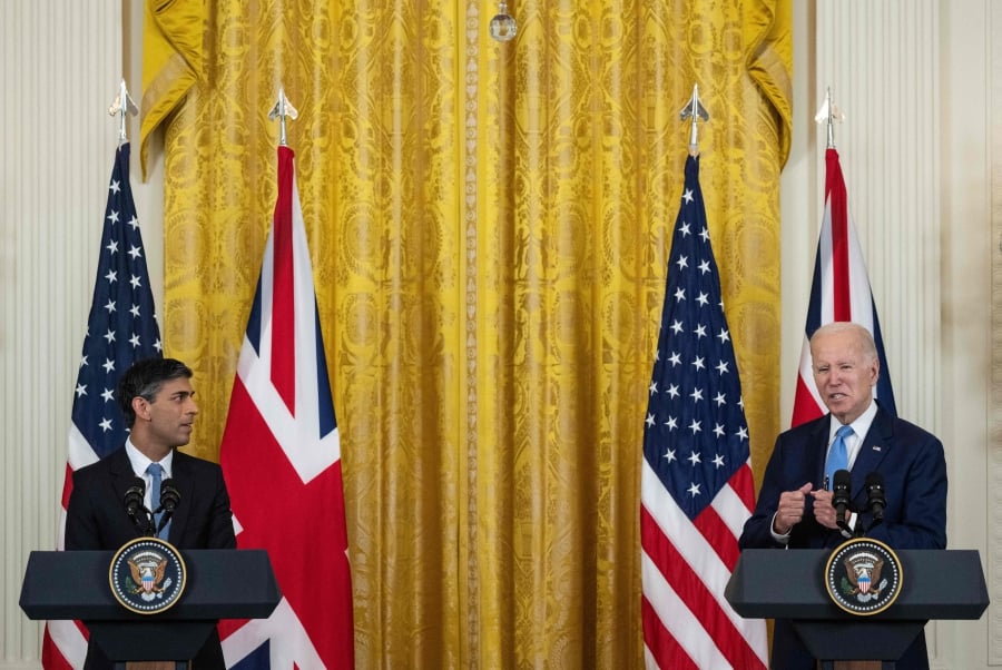 US President Joe Biden and British Prime Minister Rishi Sunaka hold a joint-press conference in the East Room of the White House in Washington, DC. (Photo by ANDREW CABALLERO-REYNOLDS / AFP)
