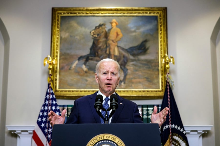 US President Joe Biden delivers remarks on the bipartisan budget agreement in the Roosevelt Room of the White House in Washington, DC. (Photo by SAMUEL CORUM / AFP)
