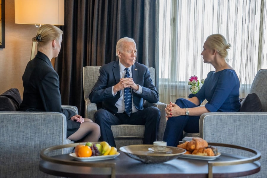 US President Joe Biden (centre) meets with Yulia Navalnaya (right), widow of Kremlin opposition leader Alexei Navalny, who died last week in a Russian prison, and daughter Dasha Navalnaya (left) in San Francisco, California. (Photo by HANDOUT / WHITE HOUSE / AFP) 