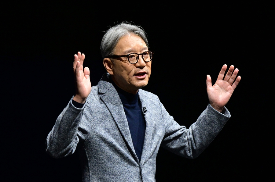 Toshihiro Mibe, CEO of Japanese automaker Honda, speaks at the unveiling of two new electric vehicle concepts, the Saloon and Space-Hub, during the Consumer Electronics Show (CES) in Las Vegas, Nevada. (Photo by Frederic J. Brown / AFP)