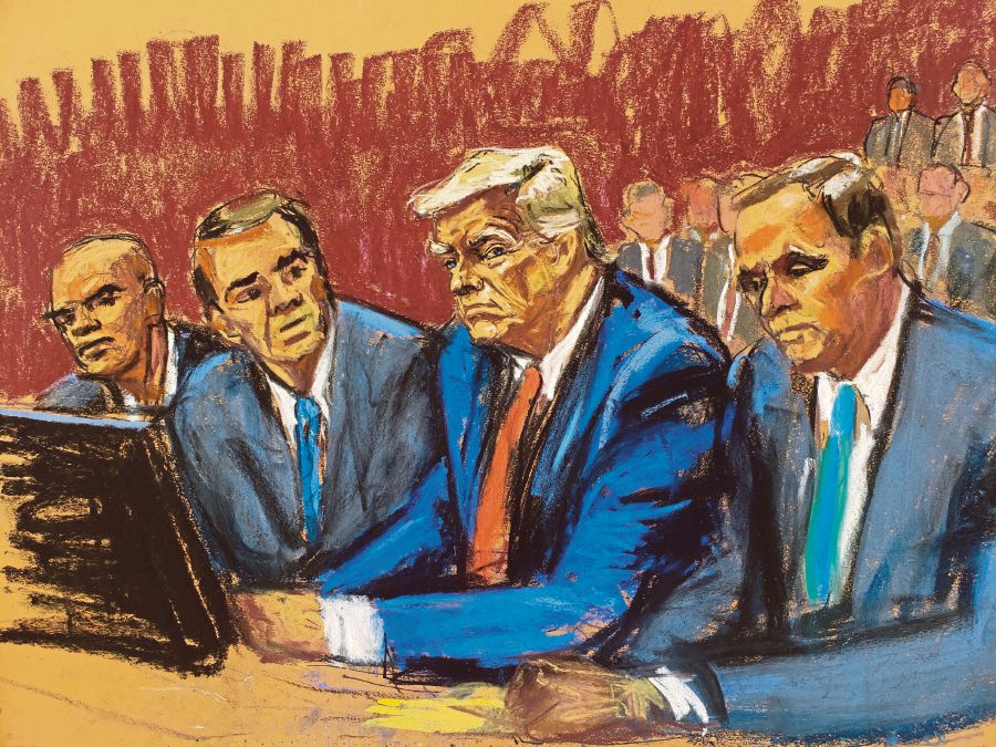 Former U.S. President Trump appears on classified document charges after a federal indictment at Wilkie D. Ferguson Jr. United States Courthouse, alongside his aide Walt Nauta and attorneys Chris Kise and Todd Blanche in Miami, Florida, U.S., June 13, 2023 in a courtroom sketch. - REUTERS Pic