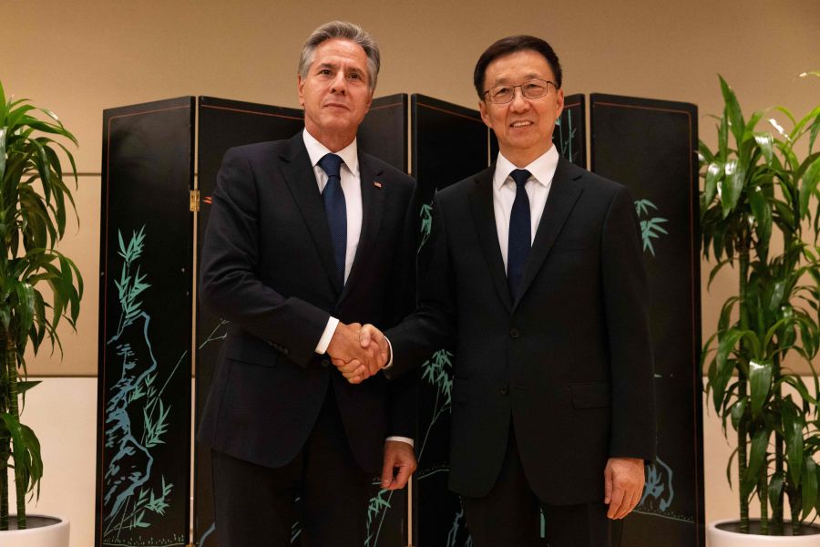 US Secretary of State Antony Blinken and Chinese Vice President Han Zheng shake hands while meeting in New York City on September 18, 2023, ahead of the 78th United Nations General Assembly. - AFP pic