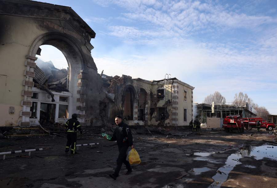 A local resident walk pasts the railway station destroyed by a Russian missile attack in Konstyantynivka, Donetsk region, on February 25, 2024, amid the Russian invasion of Ukraine. - AFP pic