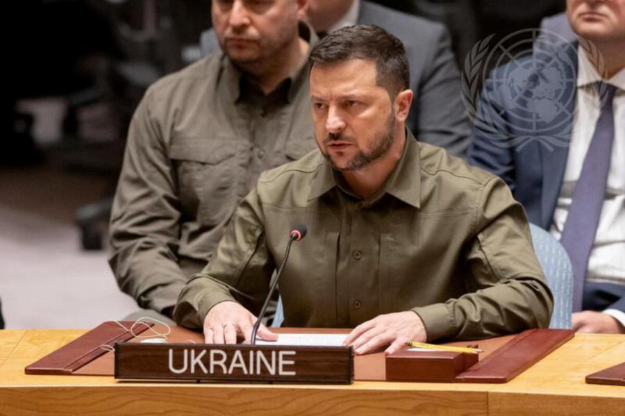 Volodymyr Zelenskyy, President of Ukraine, addresses the Security Council meeting on upholding the purposes and principles of the UN Charter through effective multilateralism: maintenance of peace and security of Ukraine.- Pic courtesy of UN