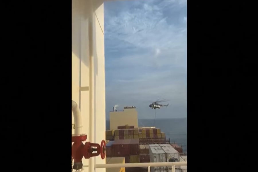 “A container ship named ‘MCS Aries’ was seized by the Sepah (Guards) Navy Special Forces by carrying out a heliborne operation,” IRNA state news agency reported. - Video Screengrab from IRNA News Agency X (Twitter)