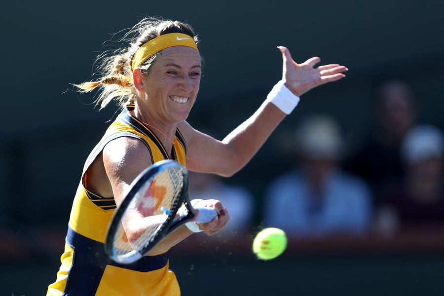 Victoria Azarenka of Belarus hit a forehand shot against Paula Badosa of Spain during the Women's Singles Final match on Day 14 of the BNP Paribas Open on October 17, 2021 in Indian Wells, California. - AFP pic