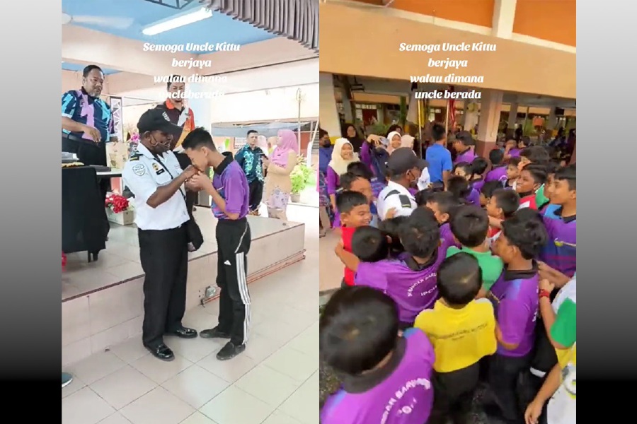 A heartwarming video posted on TikTok captured netizens' emotions as they witnessed the celebration of a school security guard, affectionately known as Uncle Kittu, upon his transfer to another school. - Screengrab from TikTok