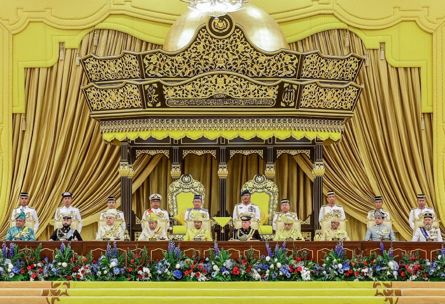 His Majesty Sultan Ibrahim (centre) after taking the oath as the 17th King of Malaysia at Istana Negara. BERNAMA PIC