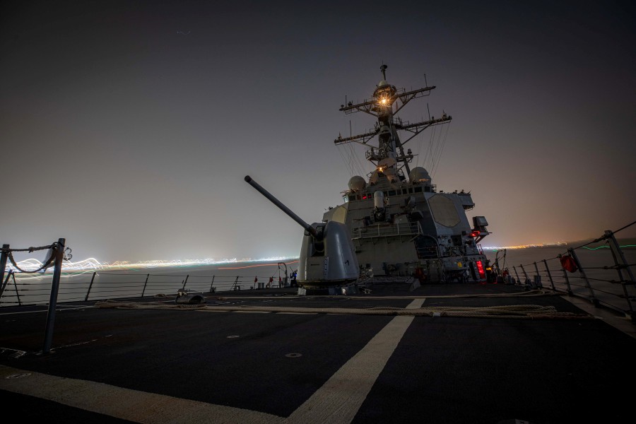 The Arleigh Burke-class guided-missile destroyer USS Carney transits the Suez Canal on November 26, 2023. The destroyer on December 16, 2023, shot down more than a dozen drones in the Red Sea launched from Huthi-controlled areas of Yemen, the US Central Command (CENTCOM) said. AFP FILE PIC