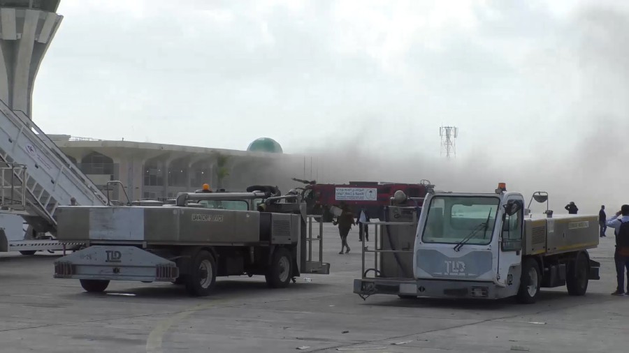 A screen grab from a video showing smoke rising after the explosion that rocked Aden's airport, in Aden, Yemen. - EPA pic