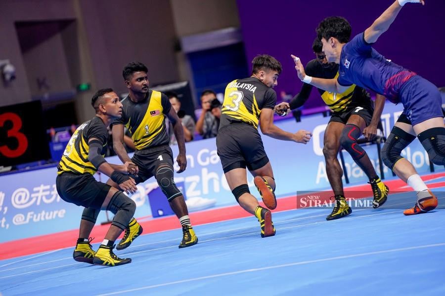 National kabaddi athletes in action against South Korea at the Xiaoshan Guali Sports Centre in Hangzhou. - Pic courtesy of HAGOC