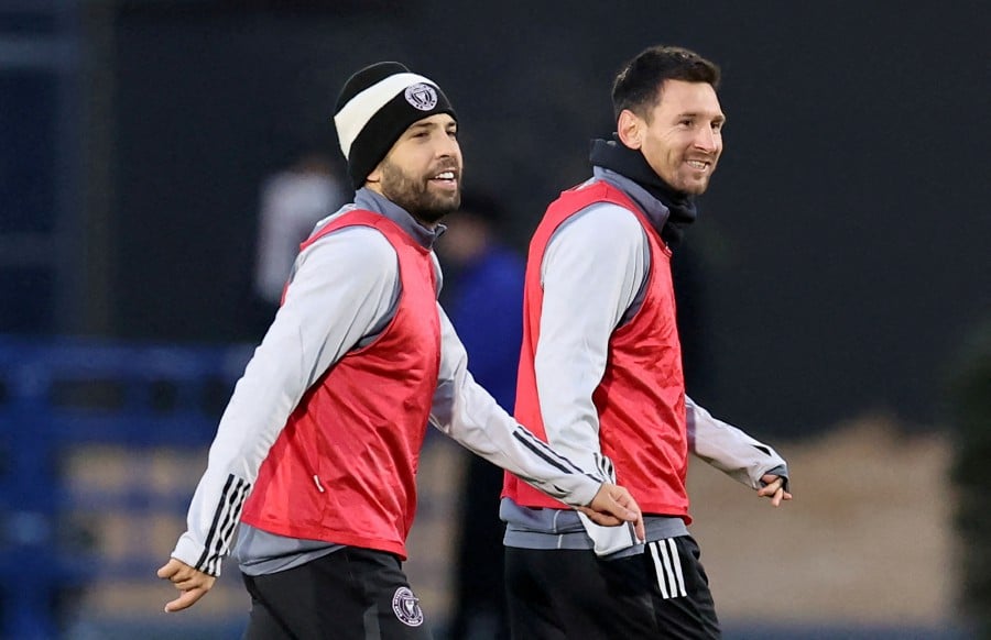 FILE PHOTO: MLS club Inter Miami’s Lionel Messi and Jordi Alba participate in a training session in Chiba, Japan on Feb 6, 2024. -- REUTERS