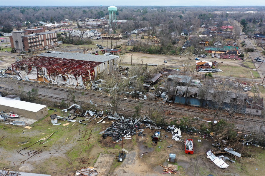 This image taken with a drone shows tornado damage, Friday, Jan. 13, 2023, in Selma, Ala. - (DroneBase via AP)