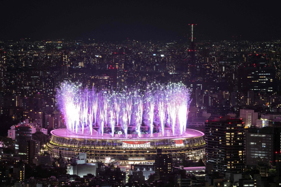 Fireworks light up the sky over the Olympic Stadium during the opening ceremony of the Tokyo 2020 Olympic Games, in Tokyo. - AFP Pic