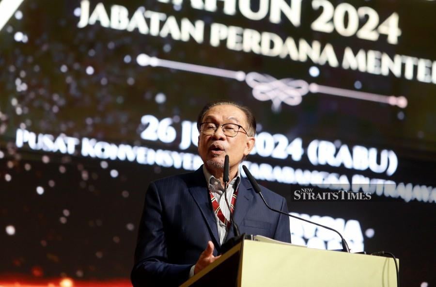 Prime Minister Datuk Seri Anwar Ibrahim speaking at an appreciation awards ceremony for Prime Minister’s Department staff. NSTP/MOHD FADLI HAMZAH