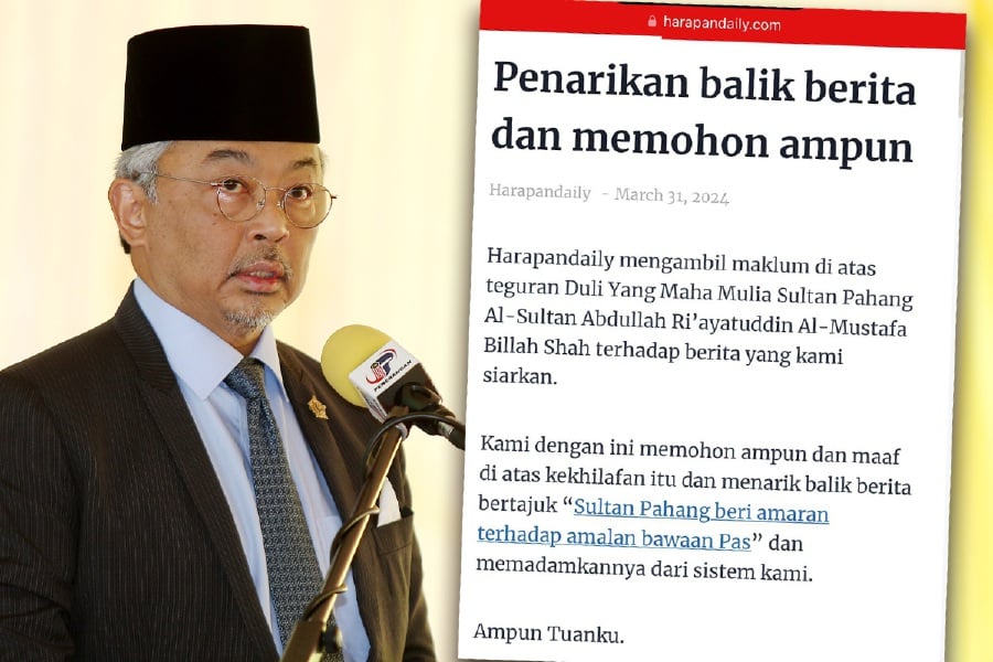 A news portal has issued an apology to the Sultan of Pahang, Al-Sultan Abdullah Sultan Ahmad Shah, for publishing a report which misquoted His Majesty. - NSTP file pic/Harapan Daily 