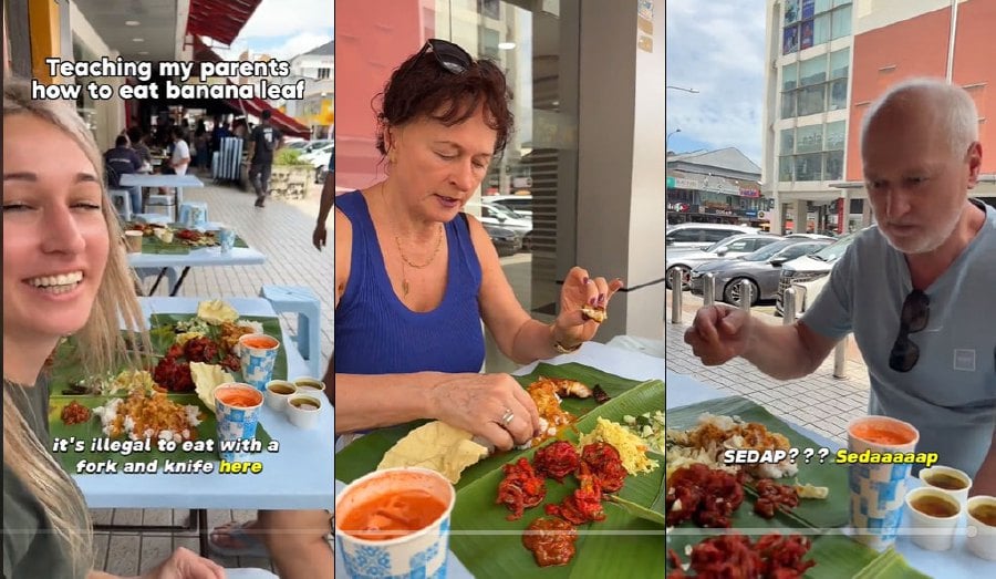 A foreigner with a strong liking for banana leaf food recorded her parents' first experience with it, insisting they use their hands to eat.- Pic credit TikTok @agaeatskl
